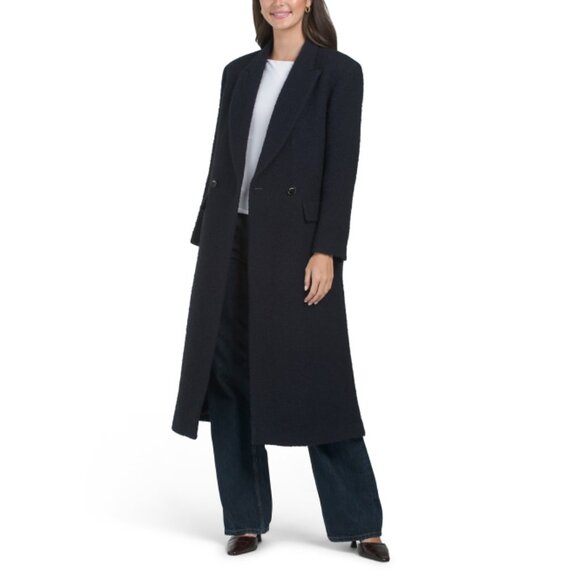 SANDRO Bleu Marine Long Collared Coat - Picture 1 of 2